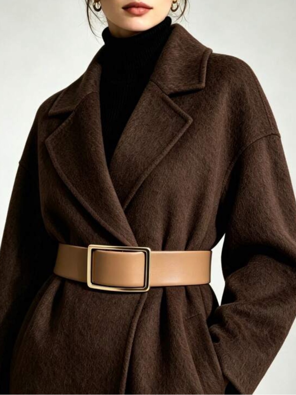 Wide Khaki  Leather Belt with Gold-Tone Rectangular Buckle